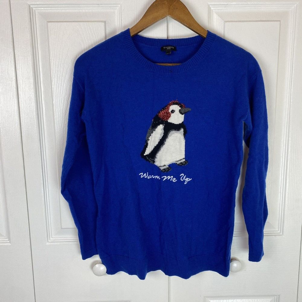 Talbots S SP Sweater Pullover Novelty Penguin Warm Me Up Wool Holiday Christmas